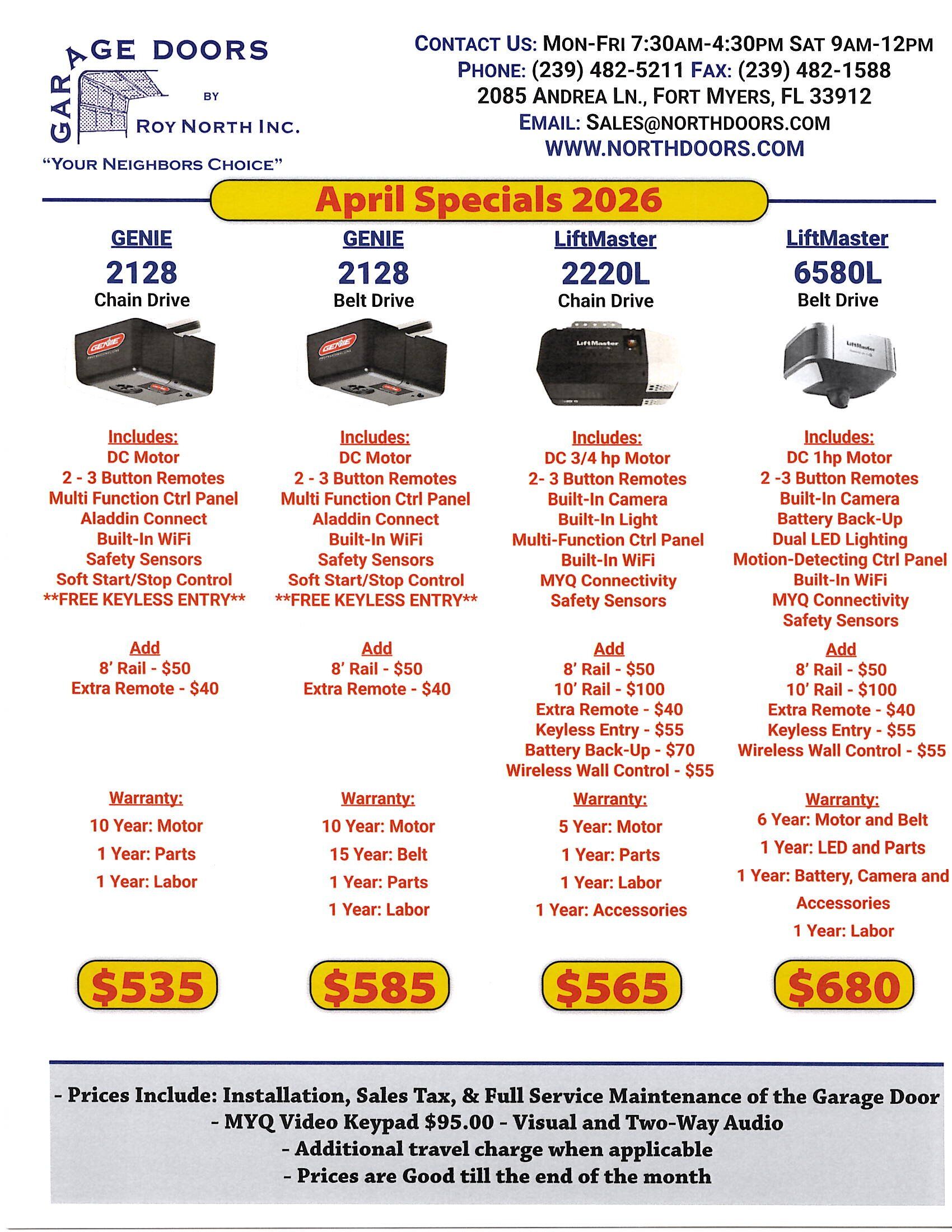 April 2026 sales flyer for Garage Doors of North Inc. listing features and prices for four garage door opener models.