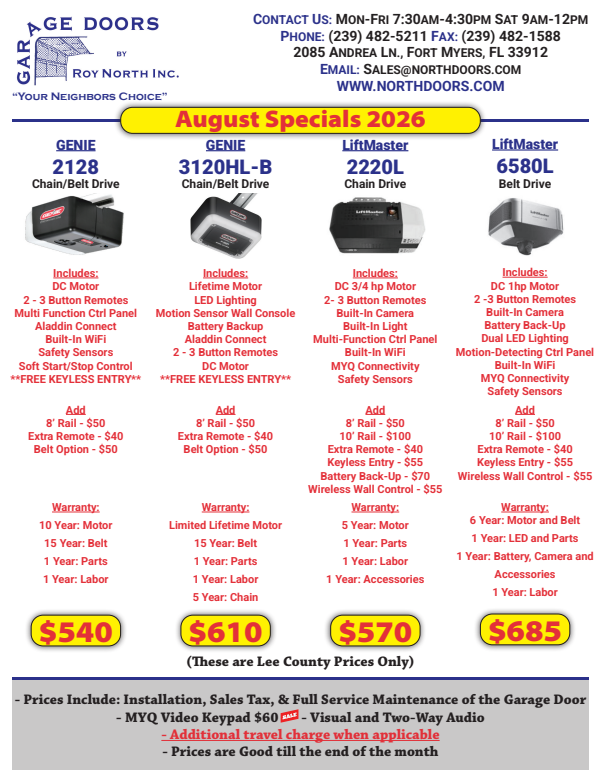 June 2026 sales flyer for Garage Doors of North Inc. listing features and prices for four garage door opener models.