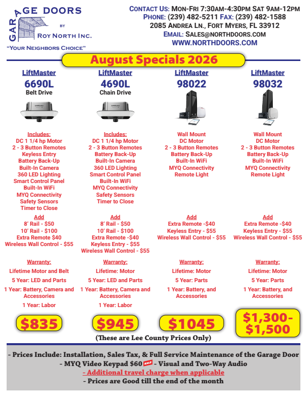 Garage Doors by Landmark flyer for June 2026 specials, listing four opener models with features and pricing.