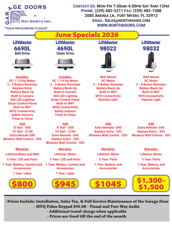 Garage Doors by Landmark flyer for June 2026 specials, listing four opener models with features and pricing.