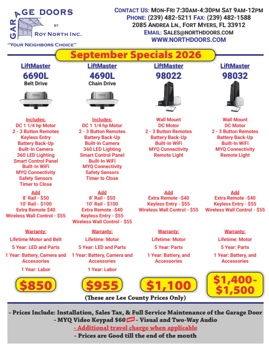 Garage Doors by Landmark flyer for June 2026 specials, listing four opener models with features and pricing.