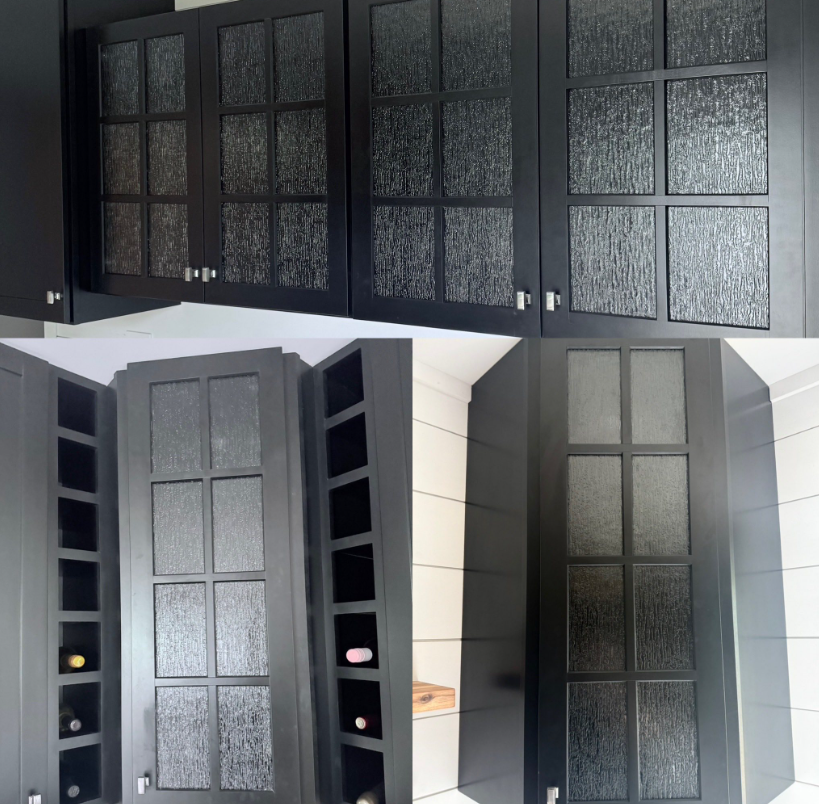 A collage of black cabinets with a glass door