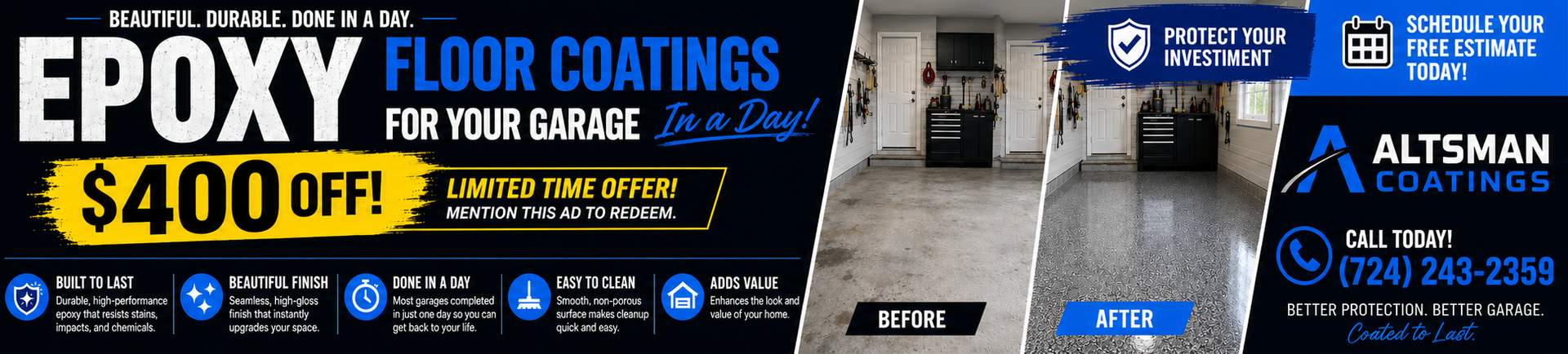 Garage floor epoxy coating ad with blue background, $400 off offer, and service van photo