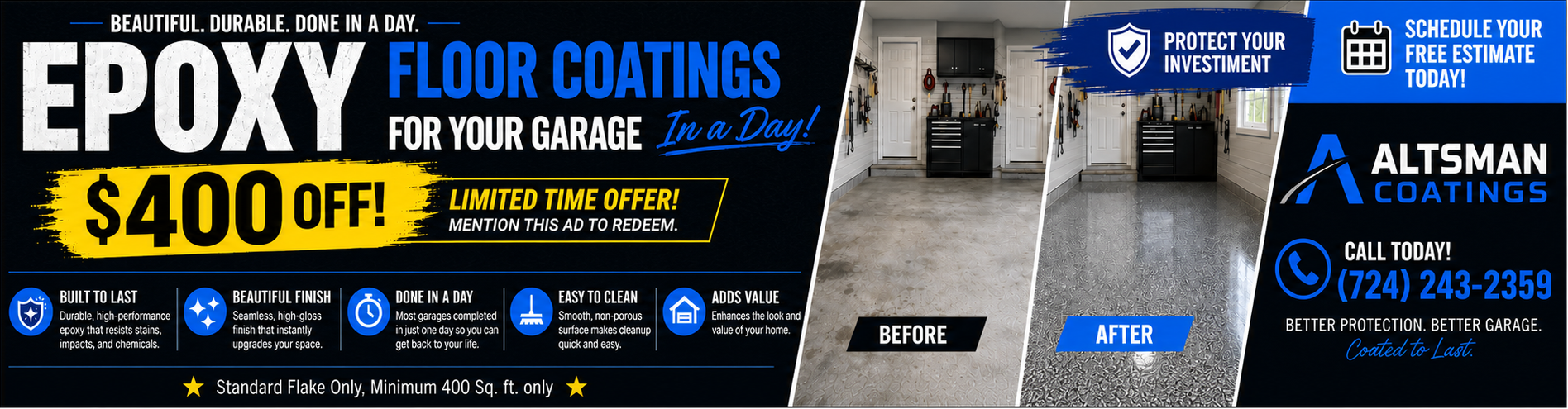 Epoxy floor coatings ad with $400 off, garage floor before-and-after images, and Altman Coatings logo