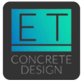 Logo of "ET Concrete Design" with blue-green gradient rectangle, black "ET" letters, and gray text.