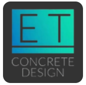 Logo of "ET Concrete Design" with blue-green gradient rectangle, black "ET" letters, and gray text.