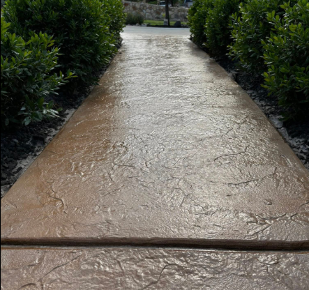 Brown, textured concrete walkway flanked by green bushes.