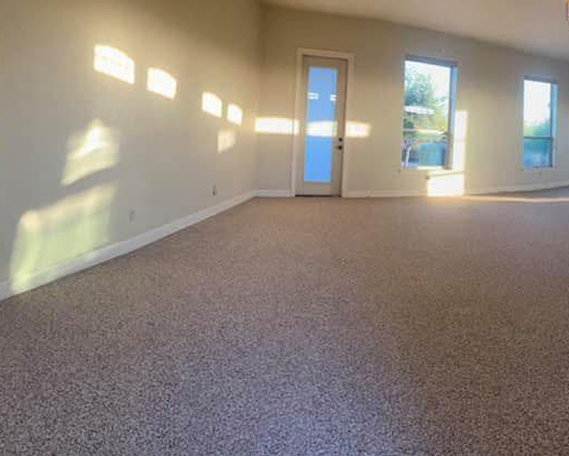 Empty room with tan carpet, light-colored walls, door, and windows. Sunlight streams in, creating shadows.
