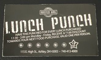Black lunch punch card from Raster Hail restaurant with discount details.