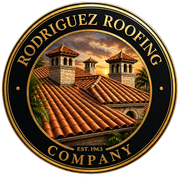 Circular logo for Rodriguez Roofing Company featuring a stylized illustration of a house with a red tile roof.