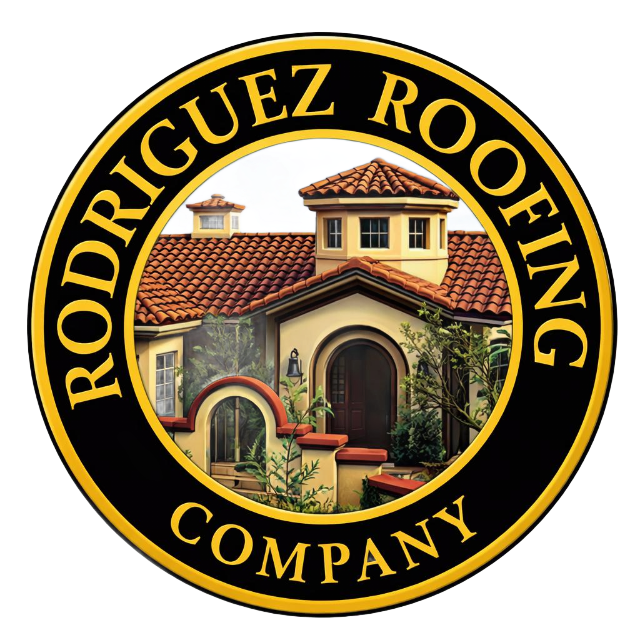 Circular logo for Rodriguez Roofing Company featuring a stylized illustration of a house with a red tile roof.