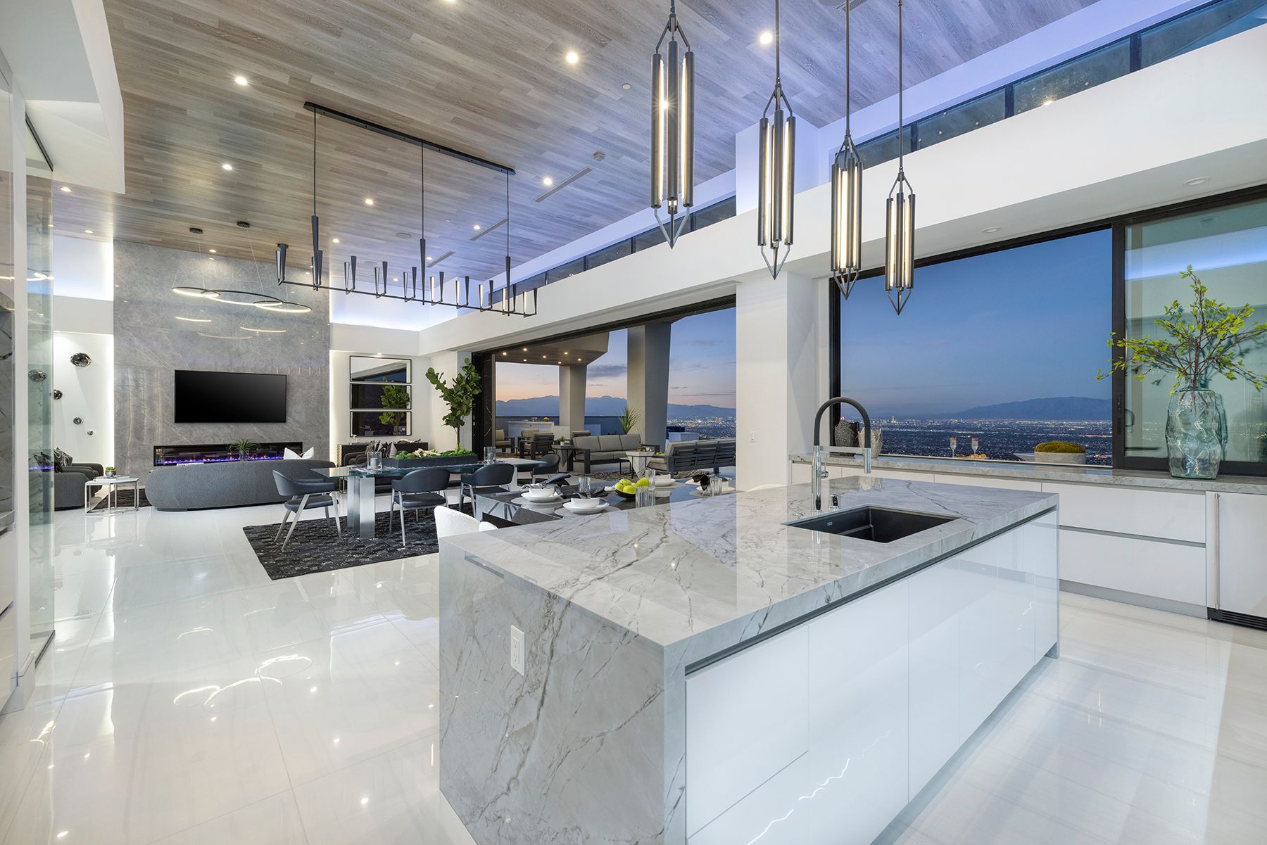 there is a large island in the middle of the kitchen