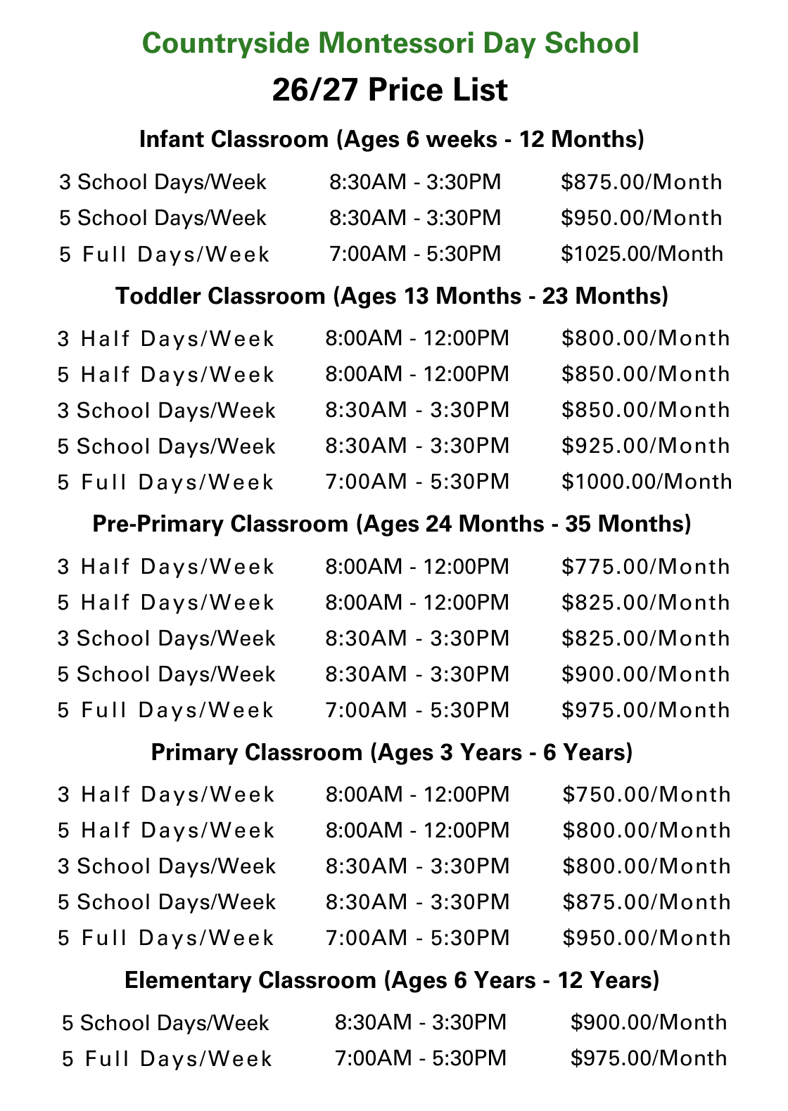 Price list for Countryside Montessori Day School, listing tuition costs for different age groups and schedules.