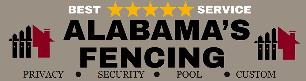 Logo for Alabama's Fencing. Features a fence and house graphic, star rating, and keywords like "Privacy" and "Security".