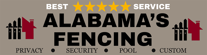 Logo for Alabama's Fencing. Features a fence and house graphic, star rating, and keywords like "Privacy" and "Security".