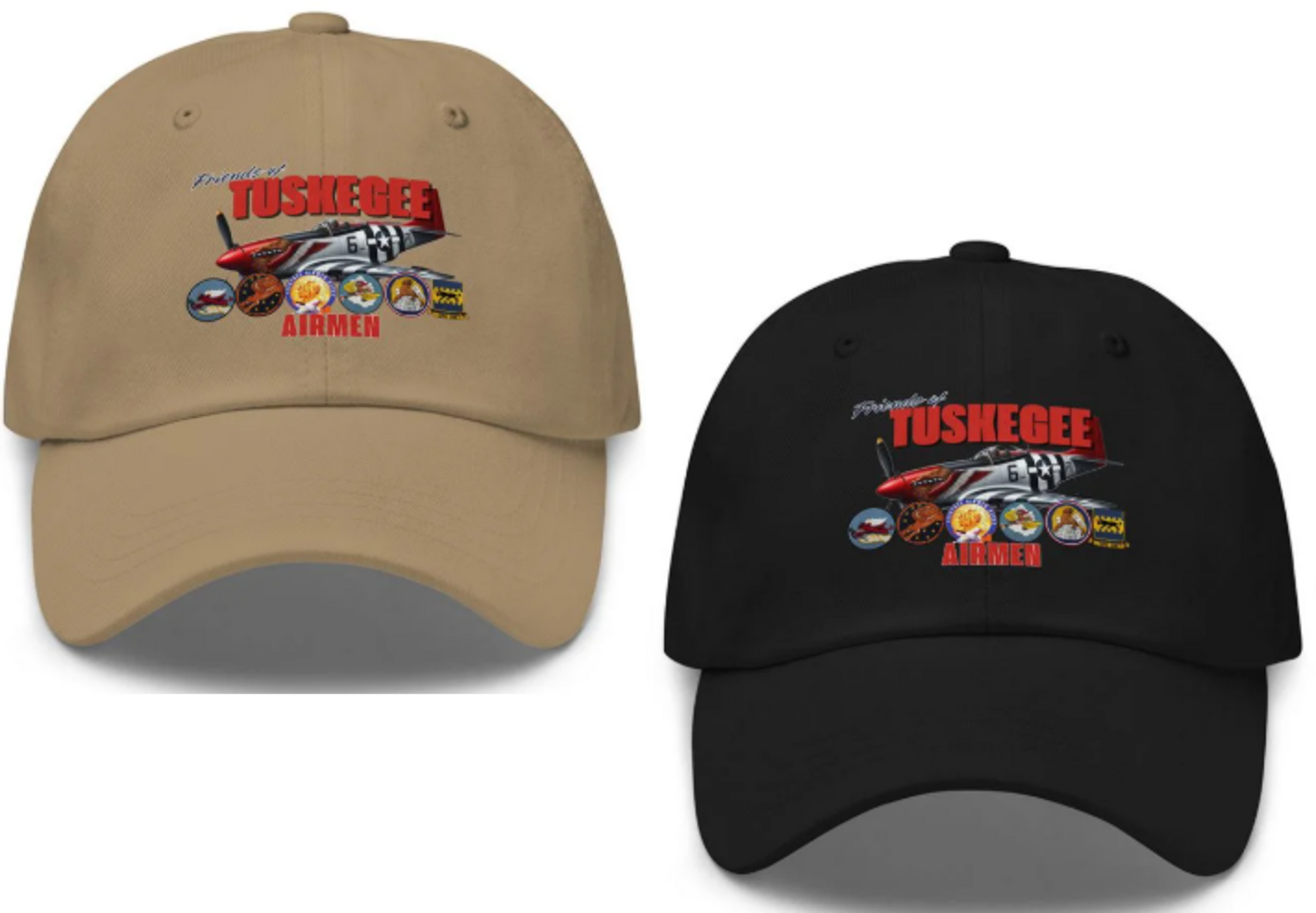 Two baseball caps, tan and black.