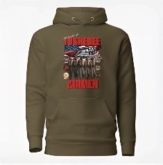 Olive green hoodie with a graphic of an American flag, soldiers, and the word