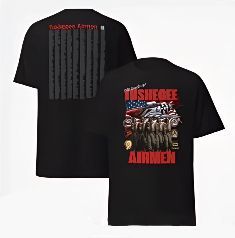 Black t-shirt with print of Tuskegee Airmen and American flag on the back; a column design on front.