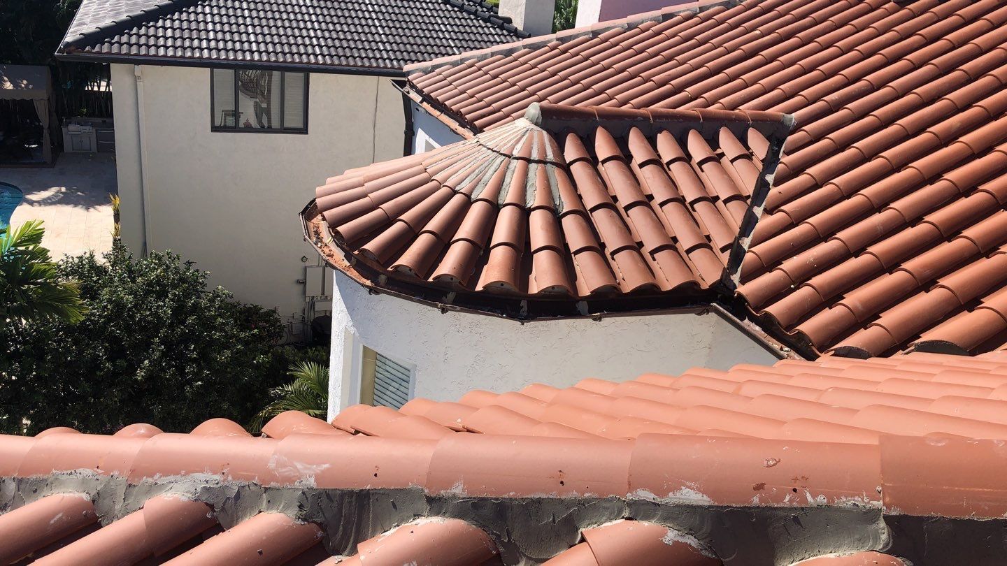 A close up of a tiled roof with a white building in the background.