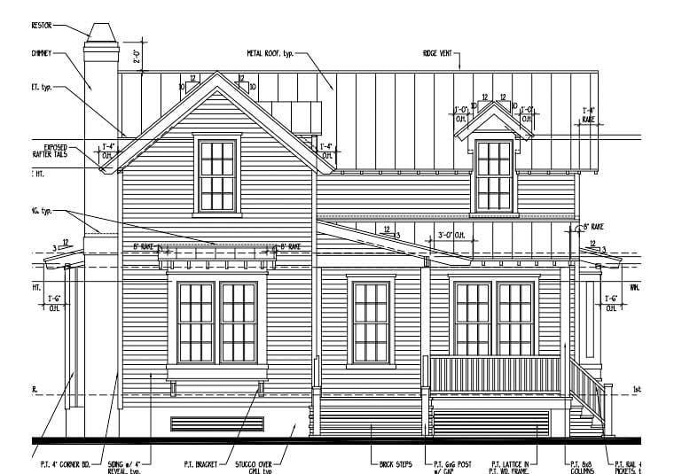 A black and white drawing of a house with a metal roof