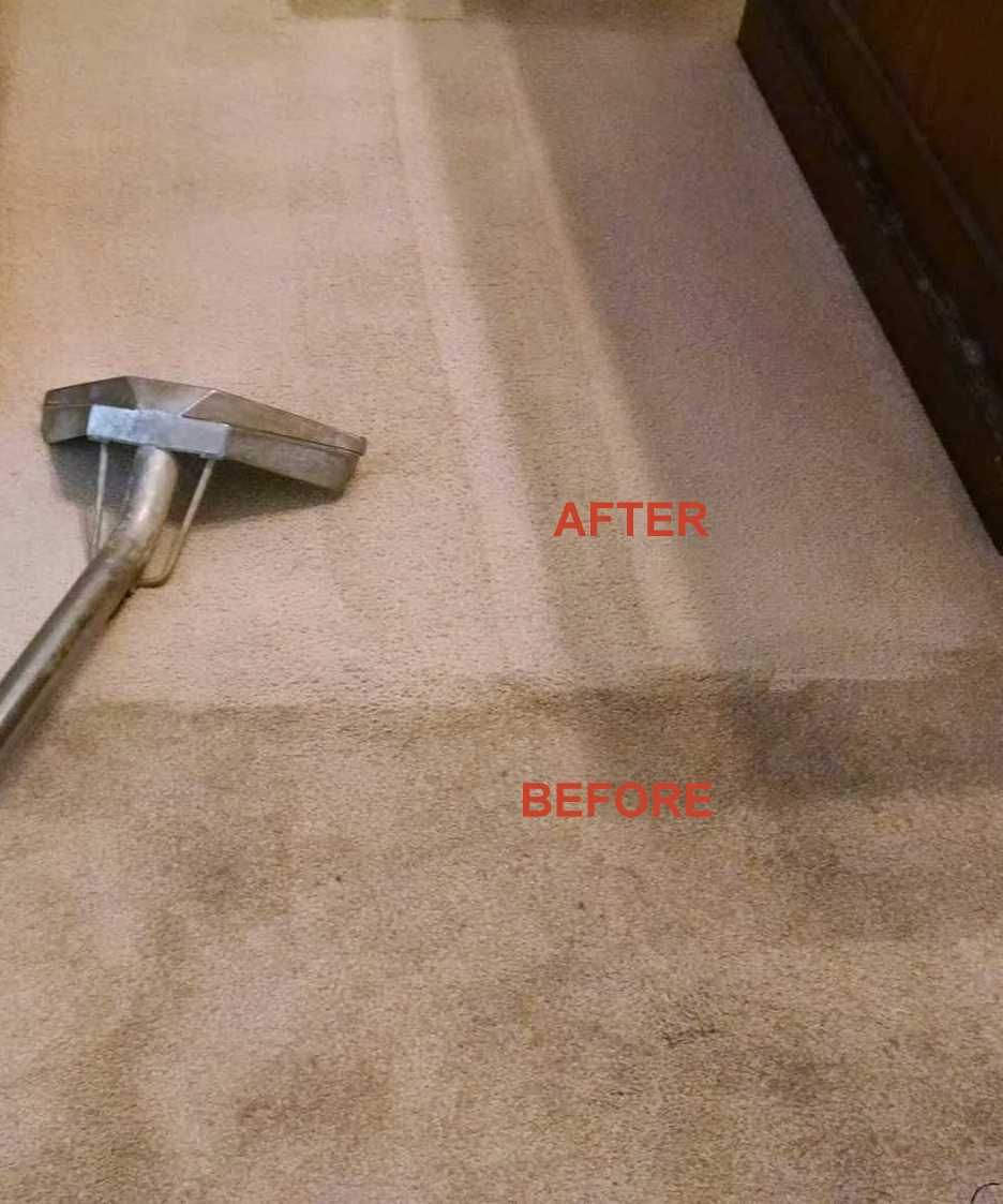 Carpet cleaning comparison: dirty carpet before, clean carpet after, with cleaning tool.