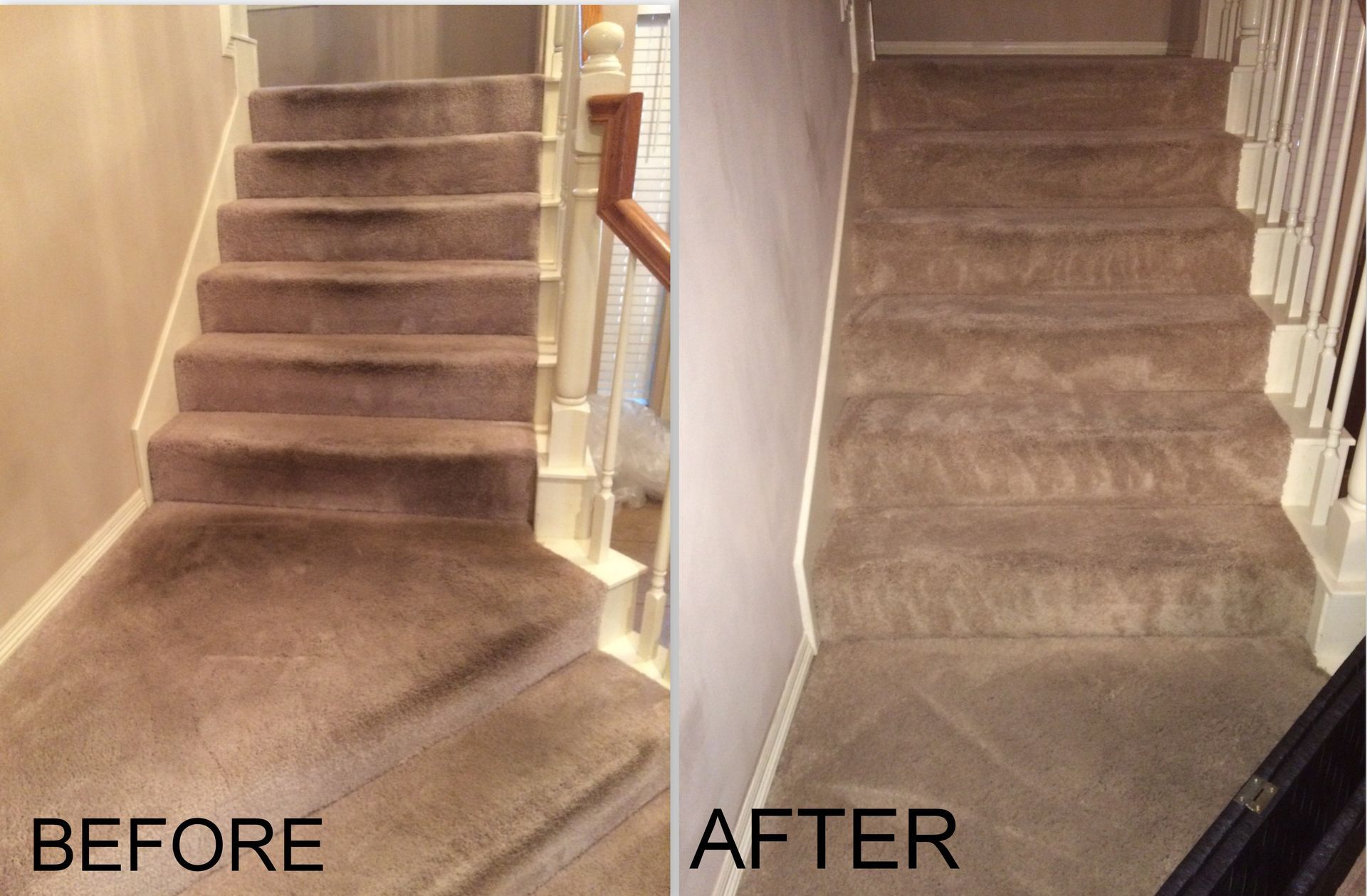 Before and after of stairs with beige carpet cleaned; the cleaned side shows noticeable improvement.