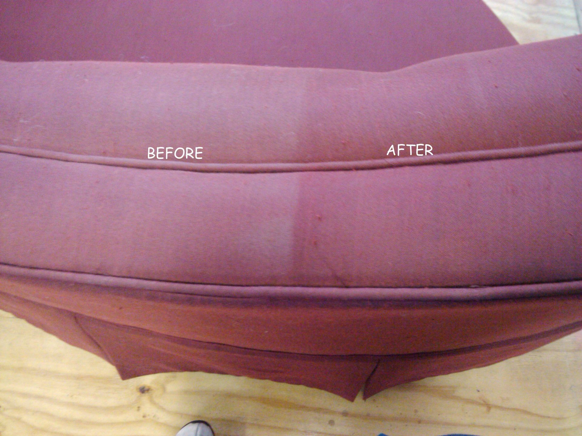 Close-up shows a before/after comparison of a red upholstered chair cushion being cleaned; left side is soiled, right side is clean.