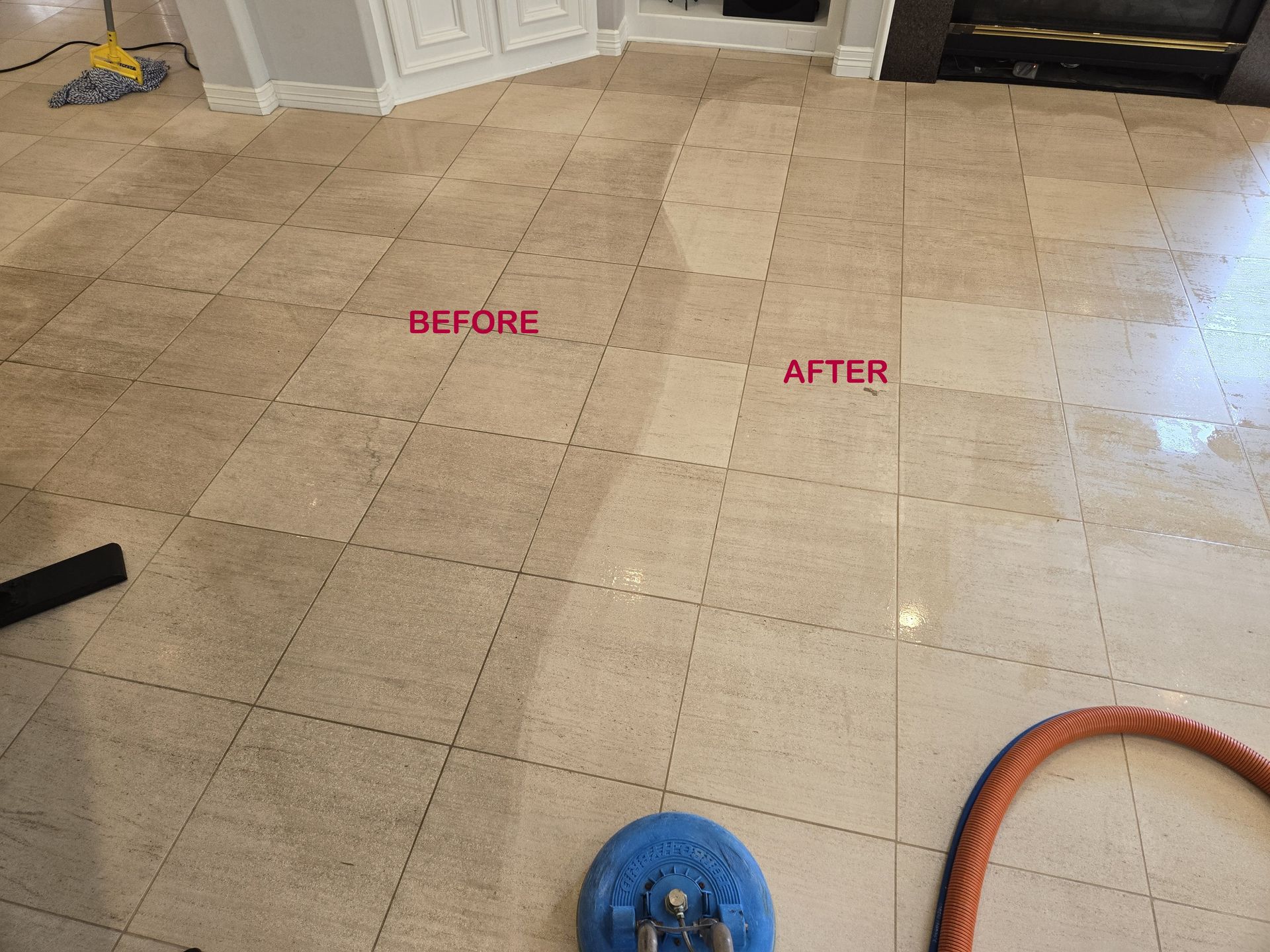 Tile floor being cleaned: dirty 