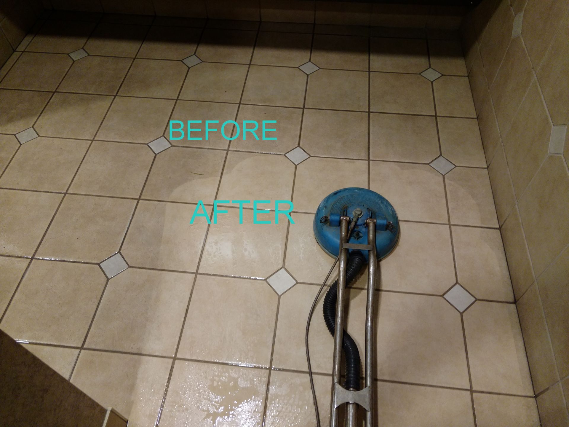 Floor cleaning, showing before and after tiles. A blue cleaning machine in action.