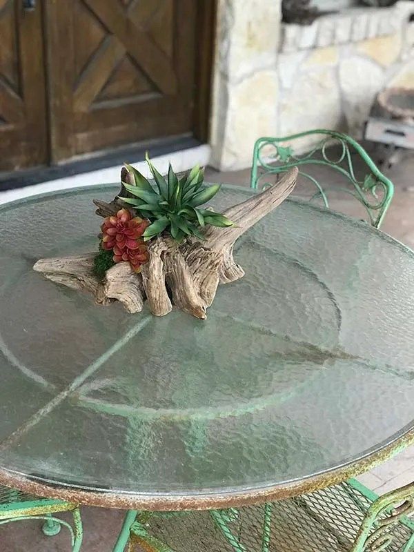 A glass table with a piece of driftwood on top of it.