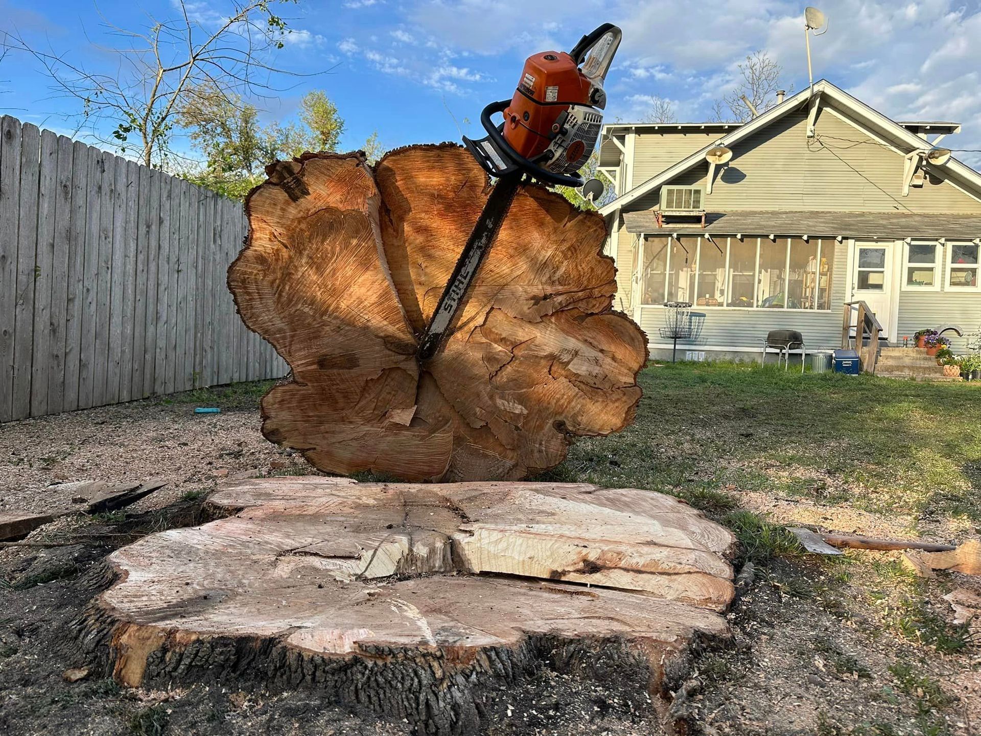 A chainsaw is sitting on top of a tree stump.