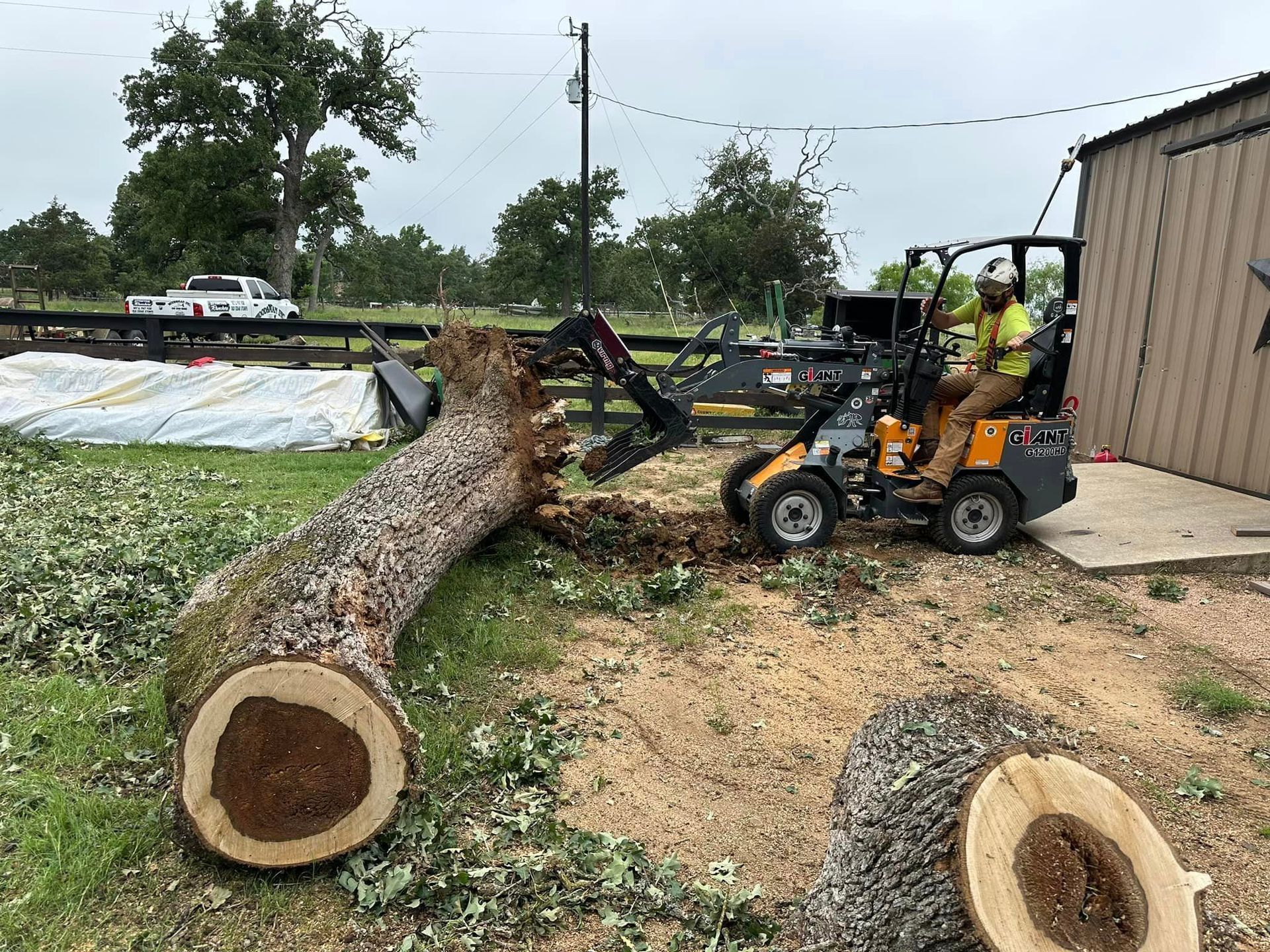 A man is riding a tractor next to a large log.