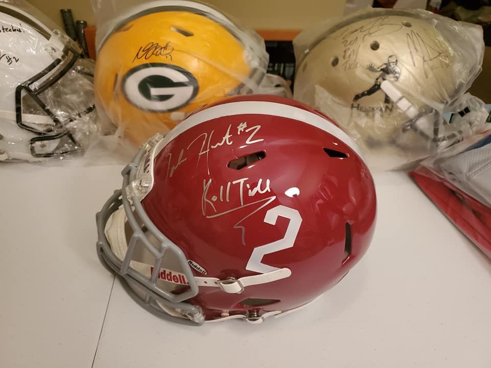 A red football helmet with the number 2 on it