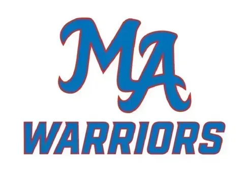 The ma warriors logo is blue and red on a white background.