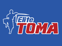 A blue background with a red and white logo for elite toma