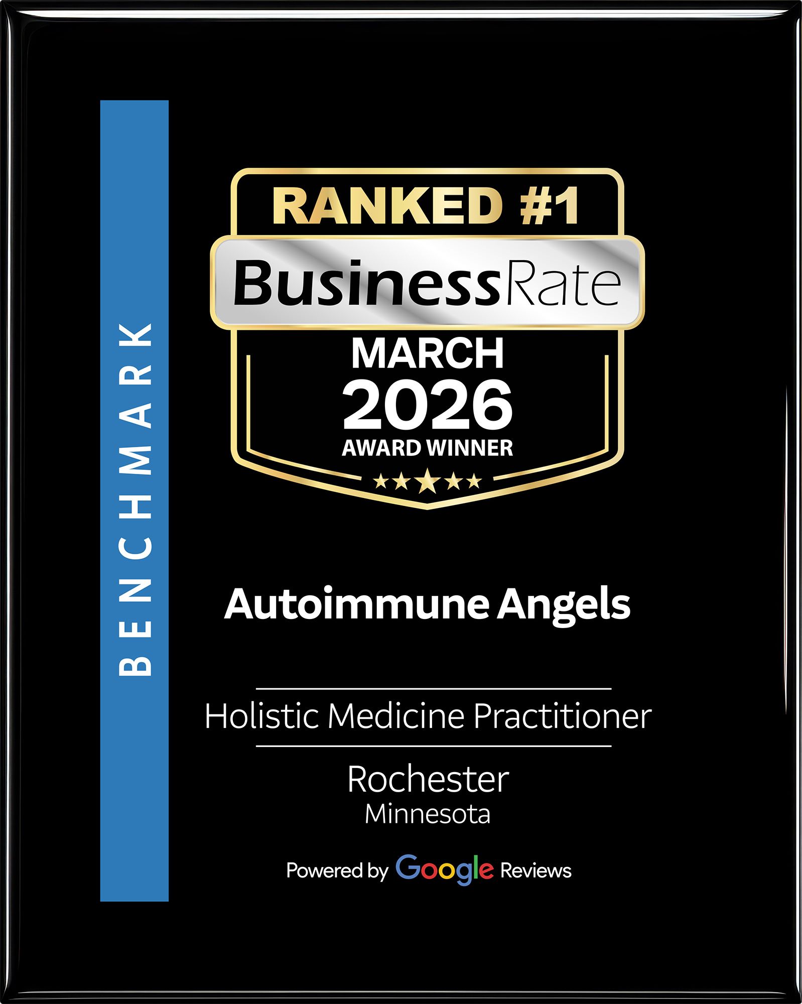 A black plaque awarded to Autoimmune Angels, a holistic practice in Rochester, Minnesota, ranked #1 by BusinessRate.