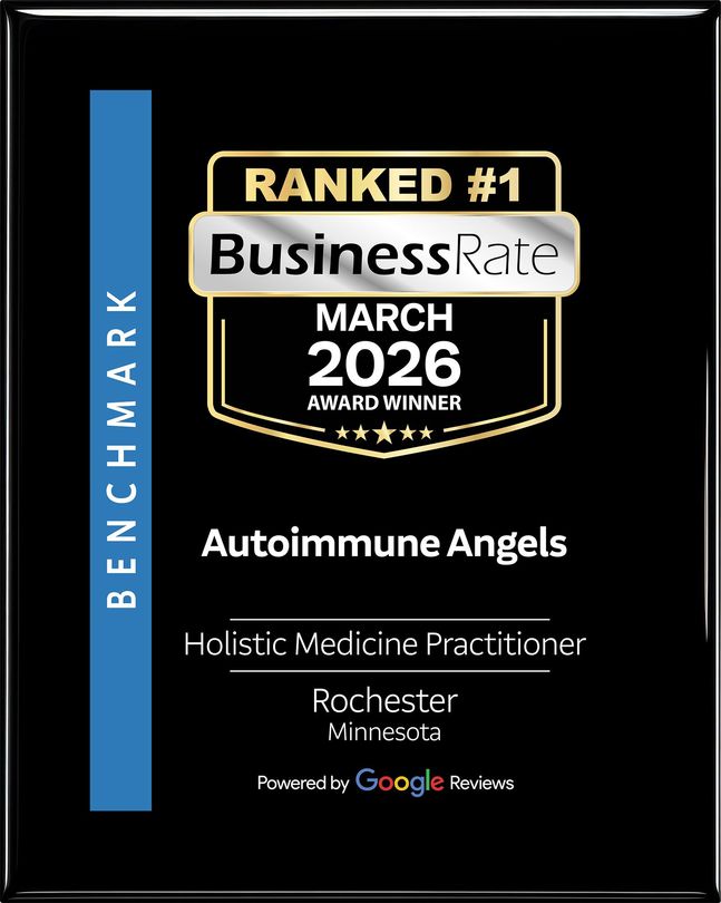 A black plaque awarded to Autoimmune Angels, a holistic practice in Rochester, Minnesota, ranked #1 by BusinessRate.