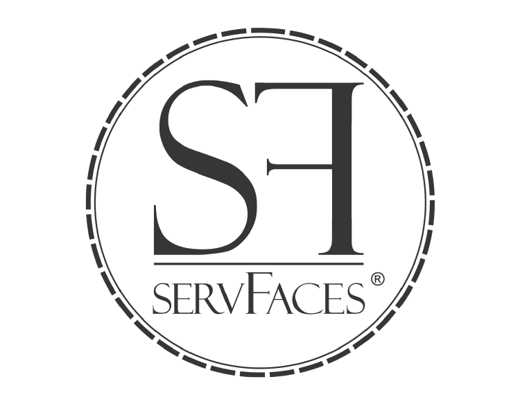 Logo for SERV FACES, a dark letter S next to a dark letter F inside a dotted circle. The company's name is underneath.