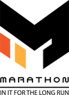 Logo with black, orange, and yellow geometric shapes and the word 