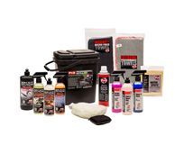 A bucket filled with a variety of car cleaning products.