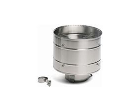 A stainless steel exhaust pipe with a hose attached to it on a white background.