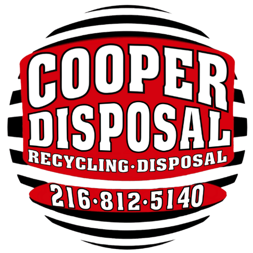 Logo for Cooper Disposal: red and white text on a striped background, phone number "216-812-5140".