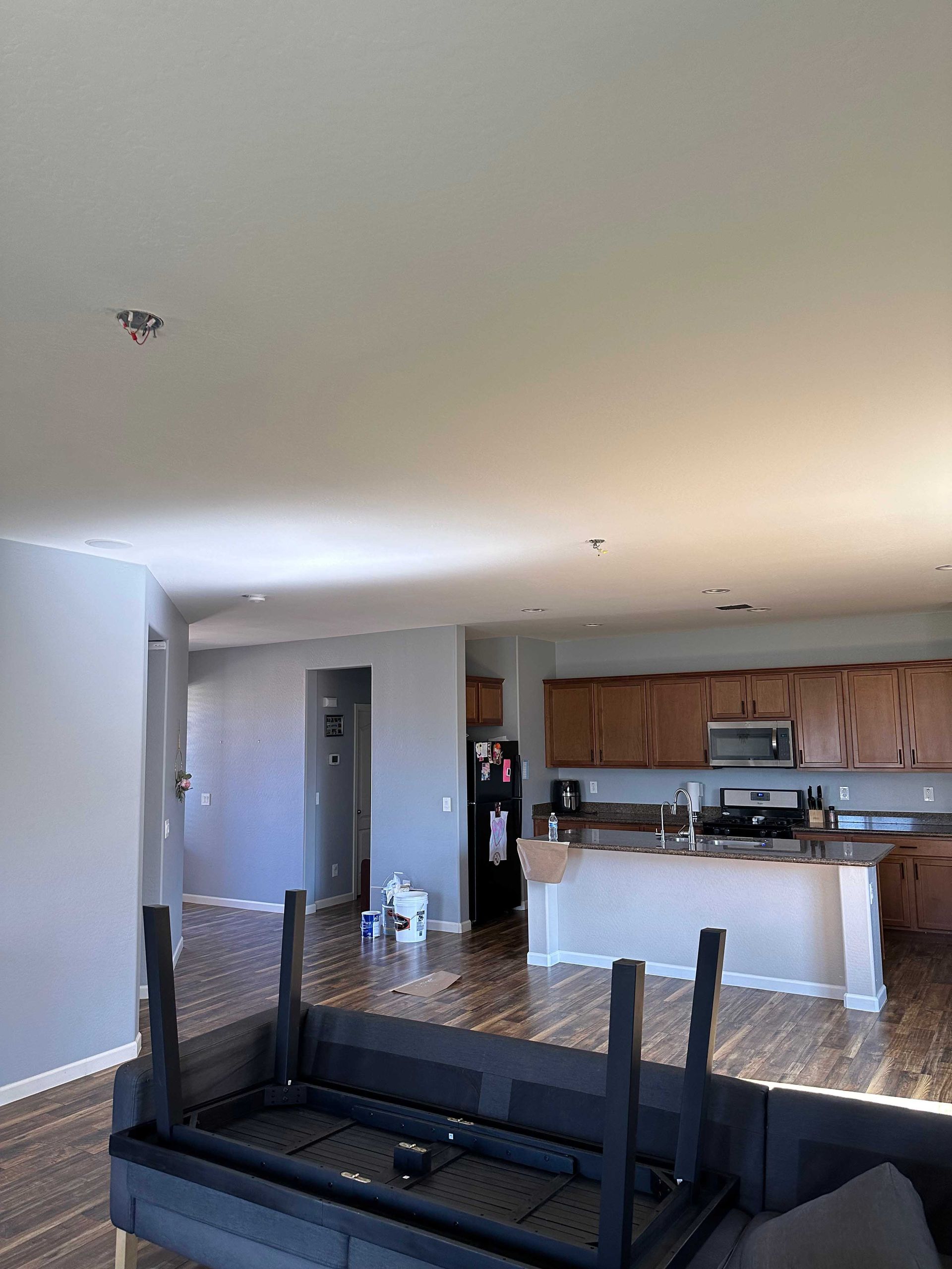 A living room with a couch and a kitchen in the background.