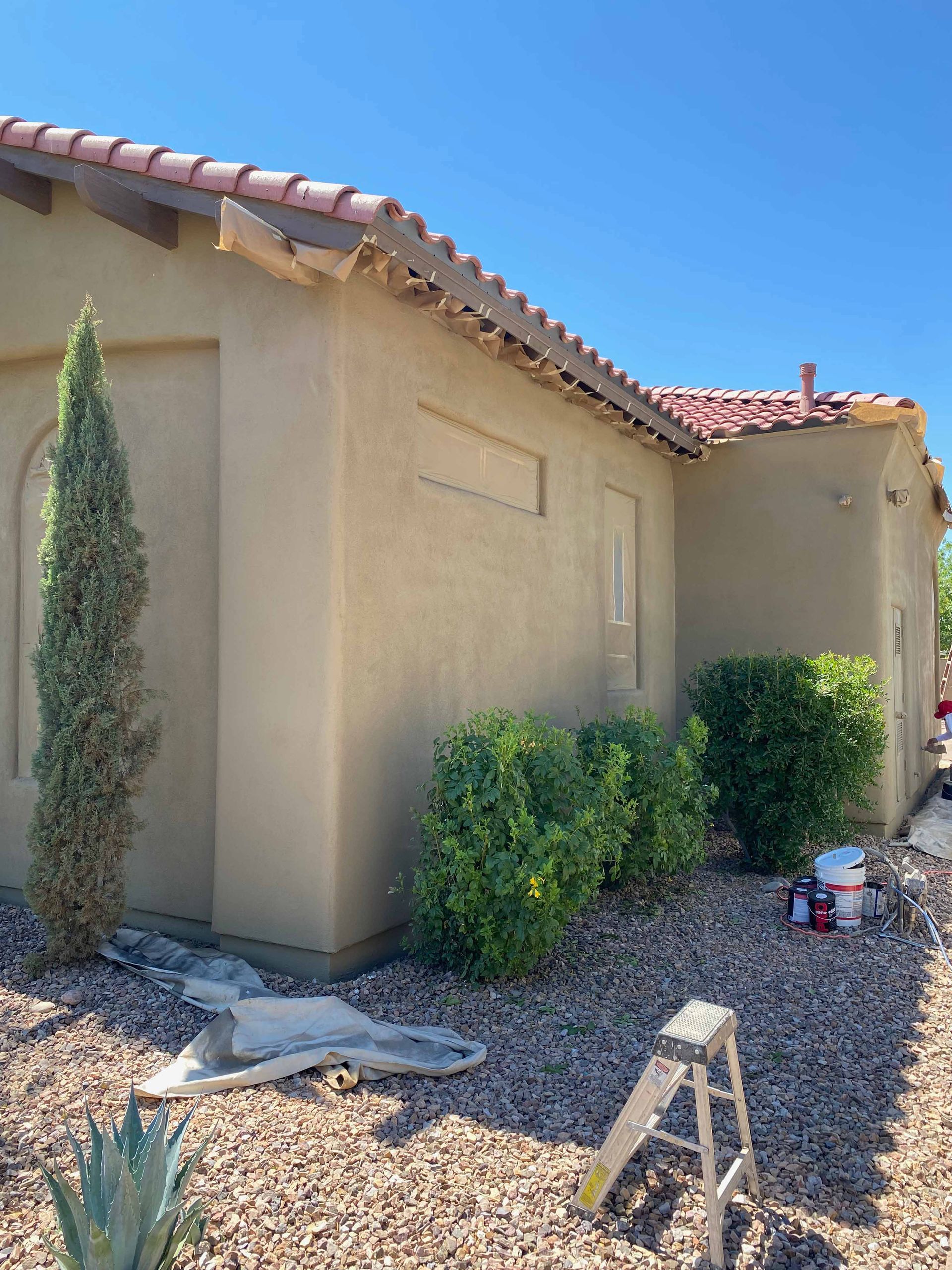 A house is being painted with a ladder in front of it.