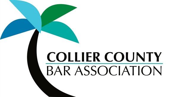 Collier County Bar Association logo with blue and green abstract palm-like shape and black crescent