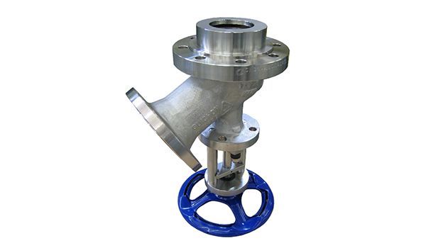 Angle valve with blue handle, silver metal body, and flange connections.