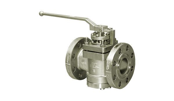 Three-way ball valve, silver, with lever handle, and flanged connections.