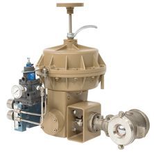 Beige industrial separator with valves and a stainless steel inlet/outlet, used for liquid filtration.