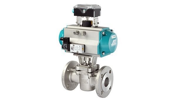 Automated ball valve with turquoise and silver components, mounted on flanged pipes.