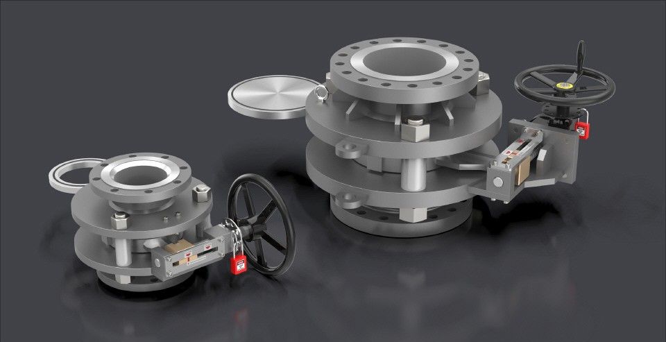 Two industrial butterfly valves with handwheels and flanges, shown on a dark gray background.